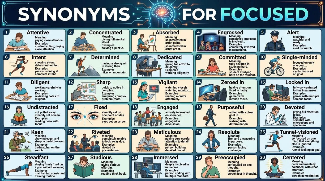 Synonyms for focused